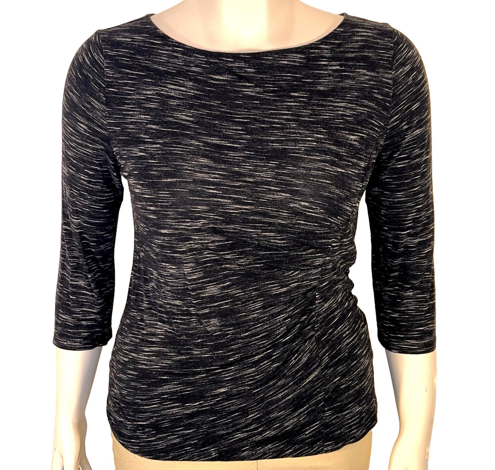 Ann Taylor Blouse Womens L Black Space Dye Boat Neck 3/4 Sleeve Stretch